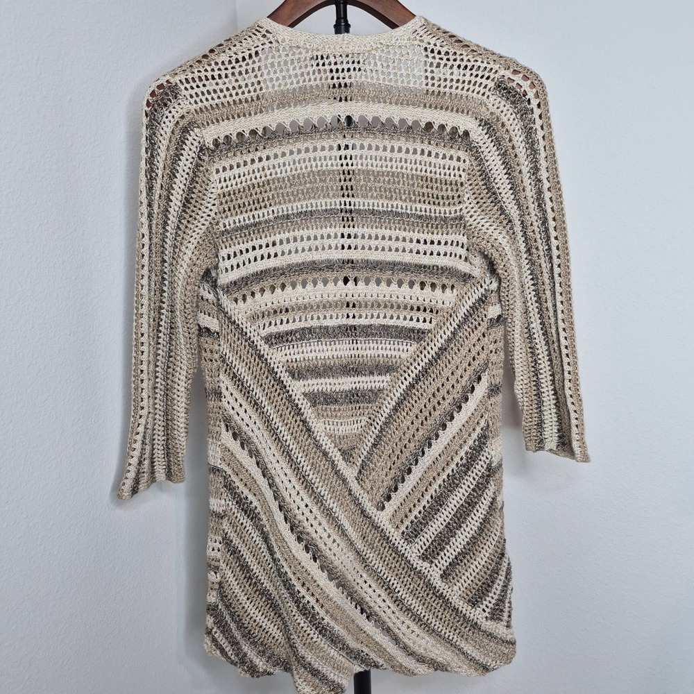 Style & Co Crochet Knit Open Front Cardigan Boho Coastal Beach Tan Grey Stripe M
